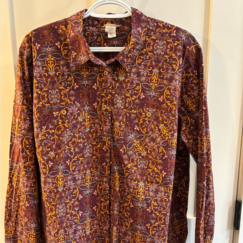 Duluth burnt orange and purple floral button down blouse XXL